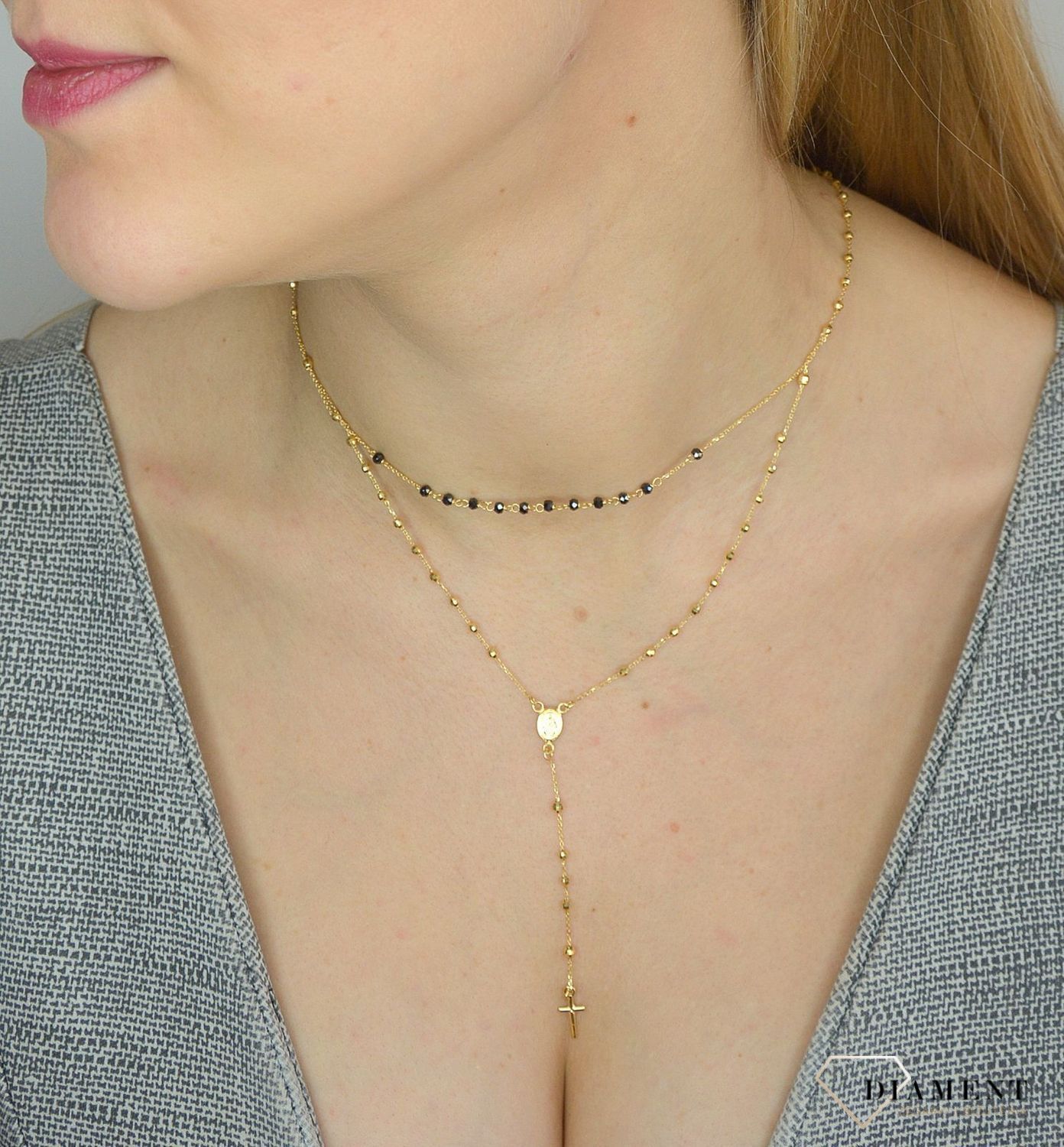 Złoty naszyjnik damski 585 różaniec i czarne koraliki NA 1135 585.jpg